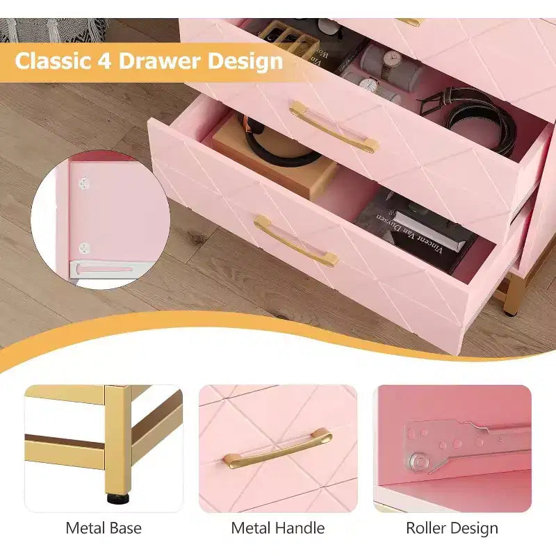 4-Drawer Wood Dresser with Golden Handles, Storage Chest Cabinet for Living Room, Closet, Hallway