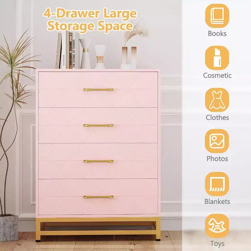 4-Drawer Wood Dresser with Golden Handles, Storage Chest Cabinet for Living Room, Closet, Hallway