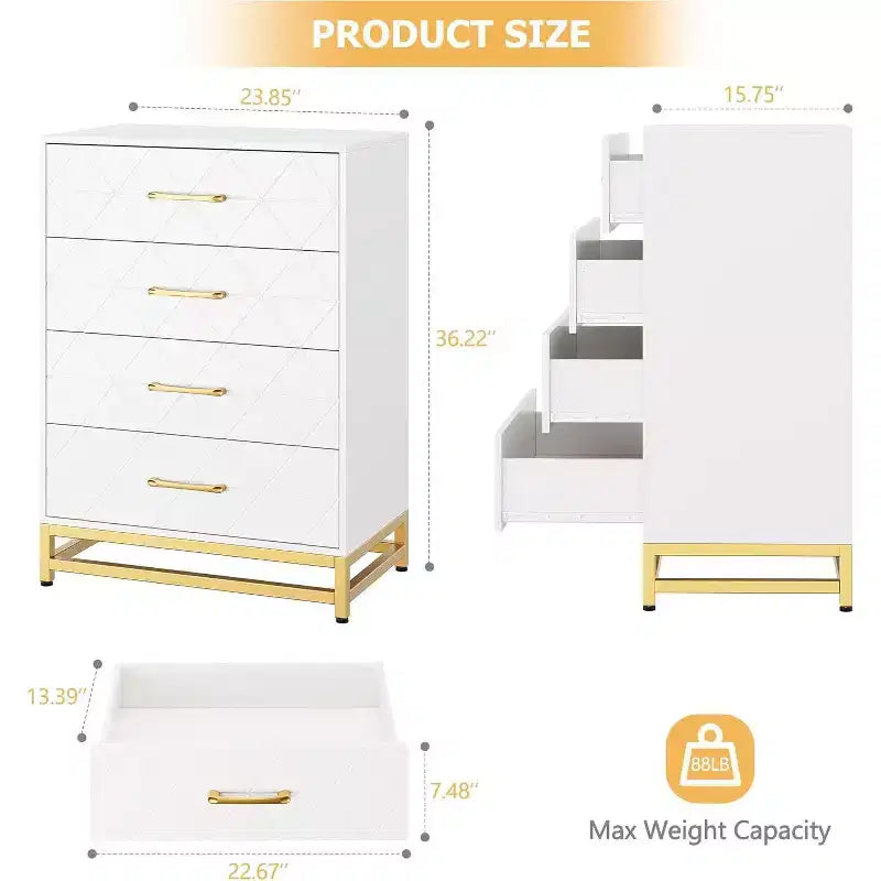 4-Drawer Wood Dresser with Golden Handles, Storage Chest Cabinet for Living Room, Closet, Hallway