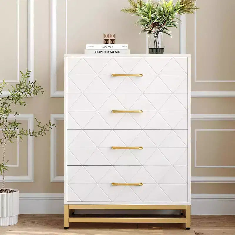 4-Drawer Wood Dresser with Golden Handles, Storage Chest Cabinet for Living Room, Closet, Hallway
