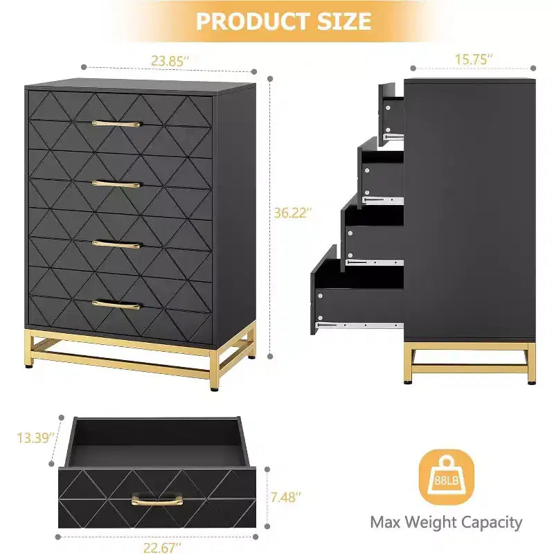 4-Drawer Wood Dresser with Golden Handles, Storage Chest Cabinet for Living Room, Closet, Hallway