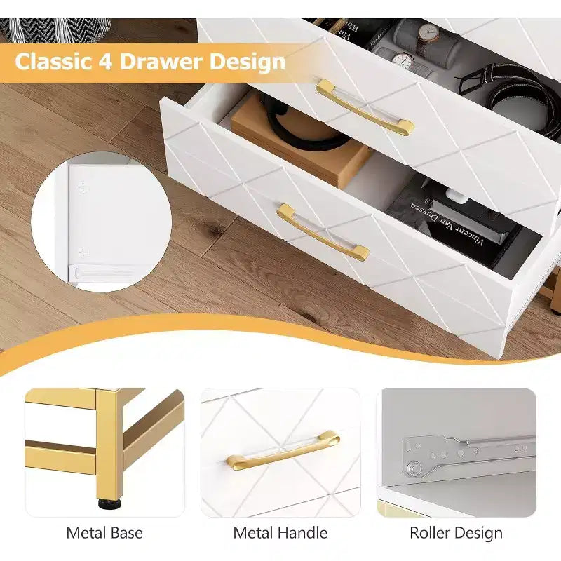 4-Drawer Wood Dresser with Golden Handles, Storage Chest Cabinet for Living Room, Closet, Hallway