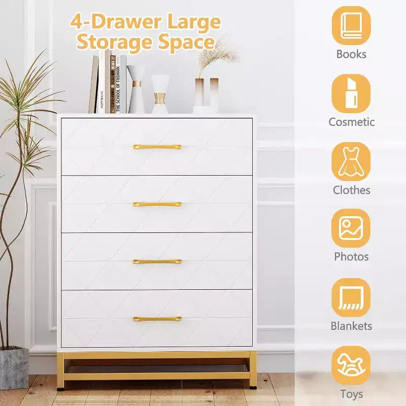 4-Drawer Wood Dresser with Golden Handles, Storage Chest Cabinet for Living Room, Closet, Hallway