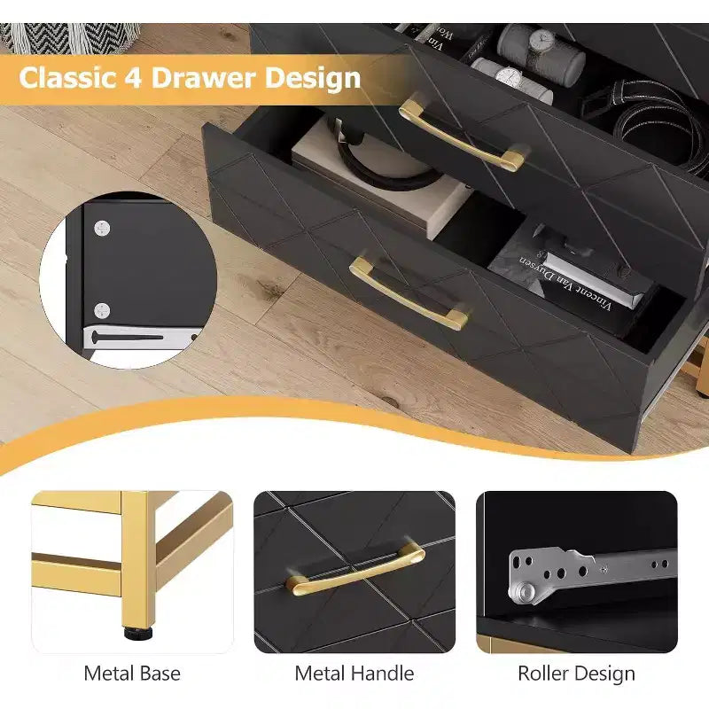 4-Drawer Wood Dresser with Golden Handles, Storage Chest Cabinet for Living Room, Closet, Hallway