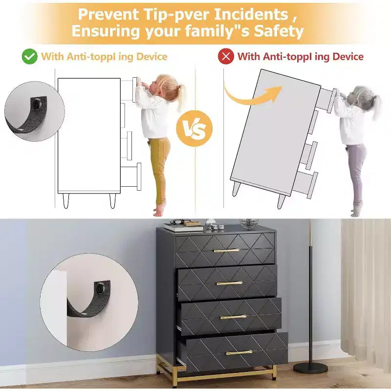 4-Drawer Wood Dresser with Golden Handles, Storage Chest Cabinet for Living Room, Closet, Hallway