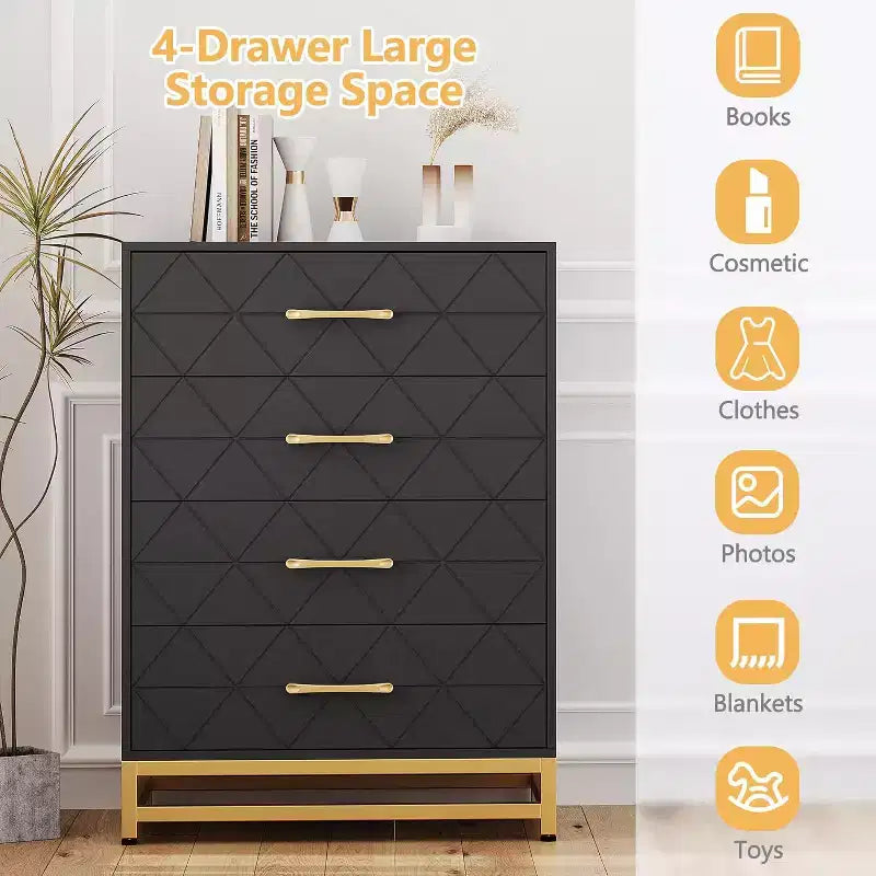 4-Drawer Wood Dresser with Golden Handles, Storage Chest Cabinet for Living Room, Closet, Hallway