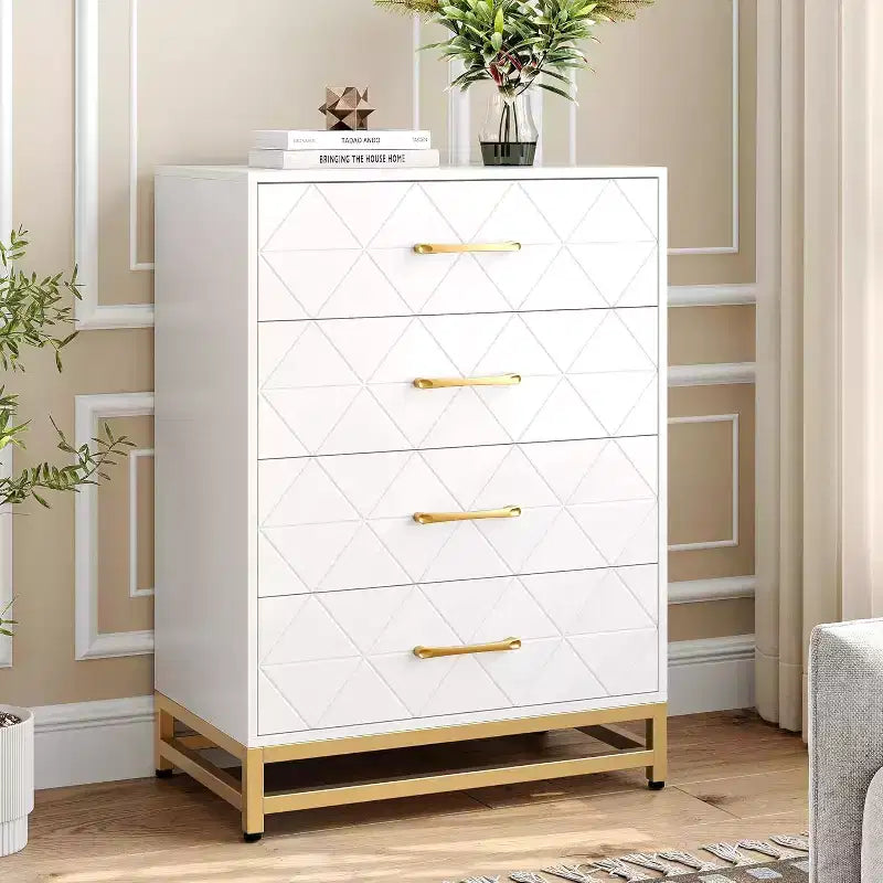 4-Drawer Wood Dresser with Golden Handles, Storage Chest Cabinet for Living Room, Closet, Hallway