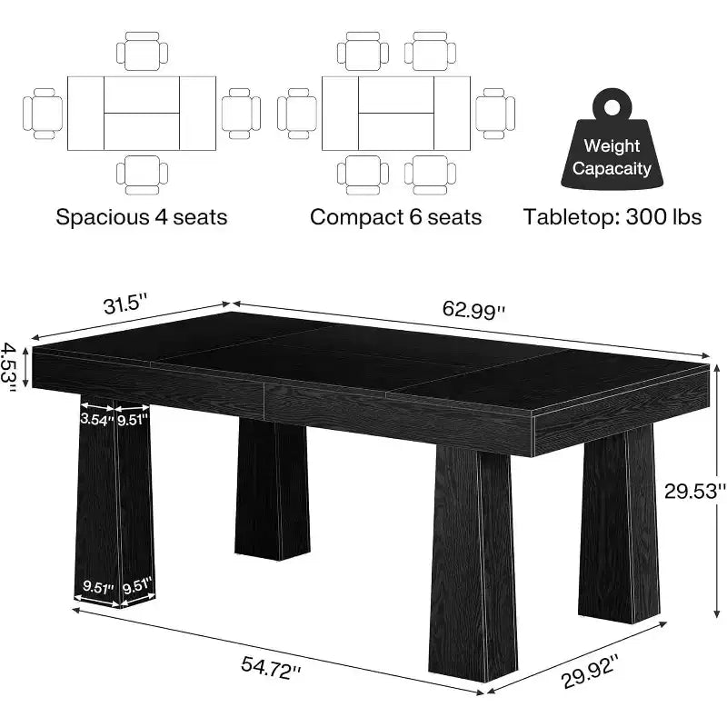 63 Inch Modern Rectangular Dining Table with Heavy Duty Tapered Legs for Dining Room, Cafe, Restaurant