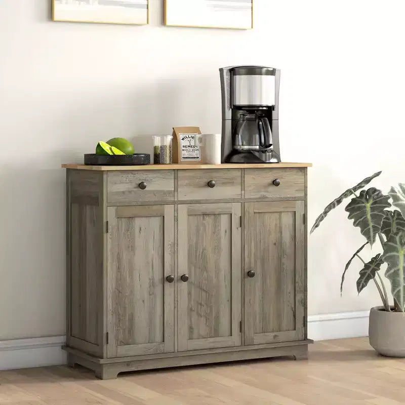 Sideboard Cabinet with Solid Wood Countertop and Adjustable Shelf, Bar Cabinet for Entryway, Living Room, Kitchen, Gray