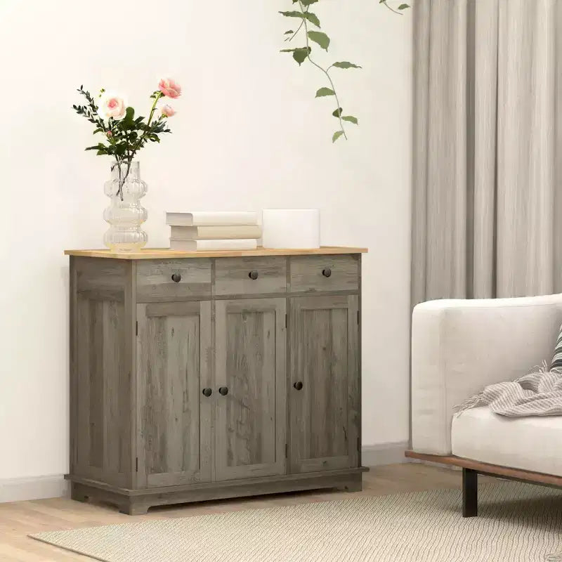 Sideboard Cabinet with Solid Wood Countertop and Adjustable Shelf, Bar Cabinet for Entryway, Living Room, Kitchen, Gray