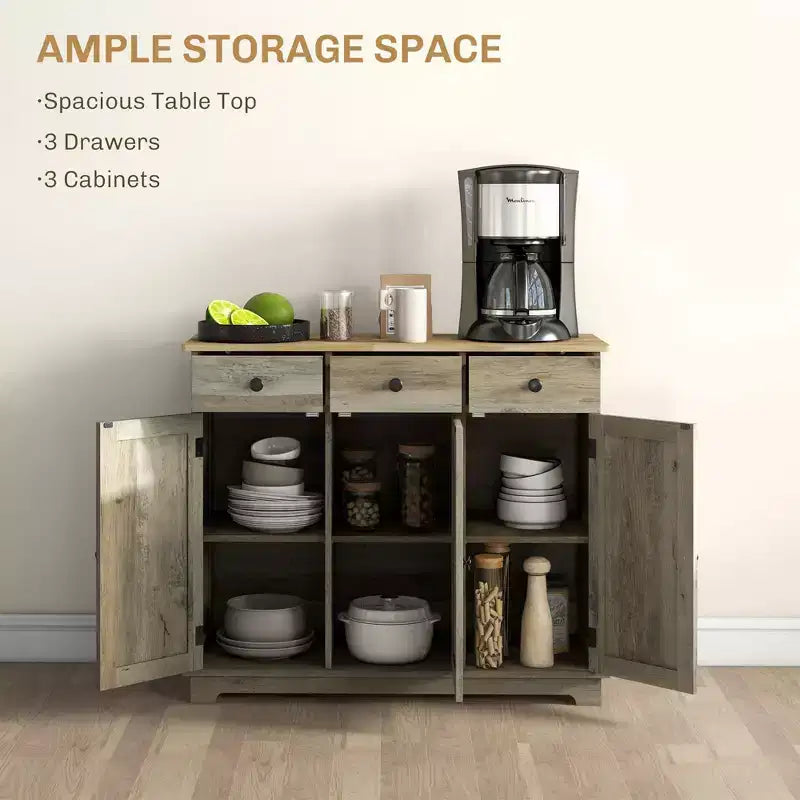Sideboard Cabinet with Solid Wood Countertop and Adjustable Shelf, Bar Cabinet for Entryway, Living Room, Kitchen, Gray
