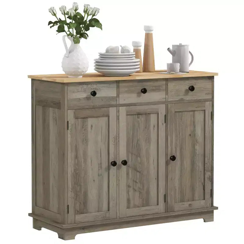 Sideboard Cabinet with Solid Wood Countertop and Adjustable Shelf, Bar Cabinet for Entryway, Living Room, Kitchen, Gray