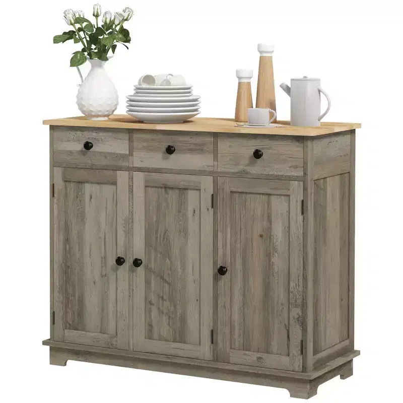 Sideboard Cabinet with Solid Wood Countertop and Adjustable Shelf, Bar Cabinet for Entryway, Living Room, Kitchen, Gray