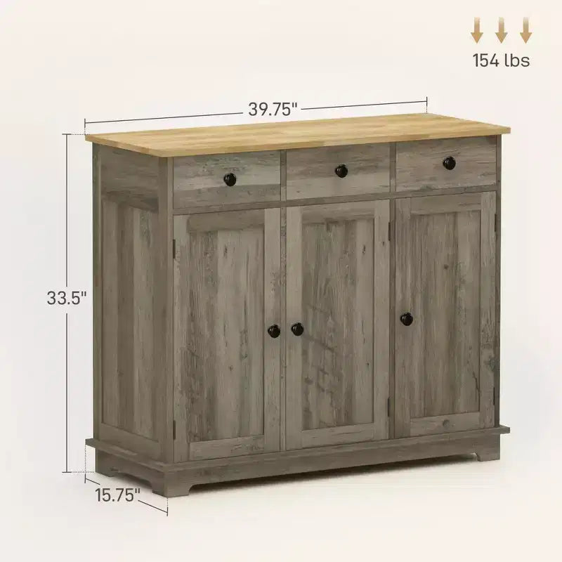 Sideboard Cabinet with Solid Wood Countertop and Adjustable Shelf, Bar Cabinet for Entryway, Living Room, Kitchen, Gray