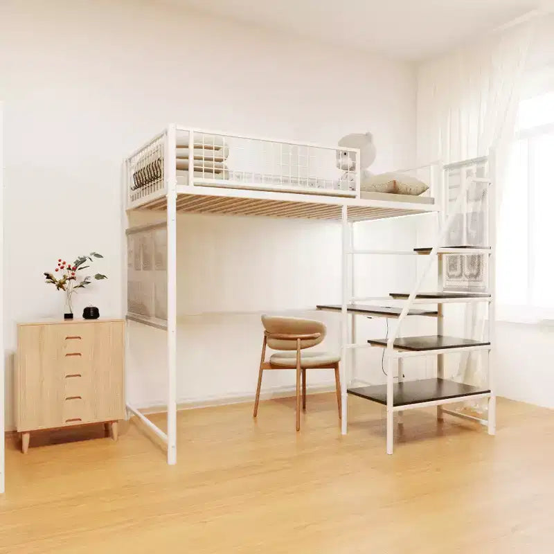 Metal Loft Bed with Desk, Built-in Charging Station and LED Lighting
