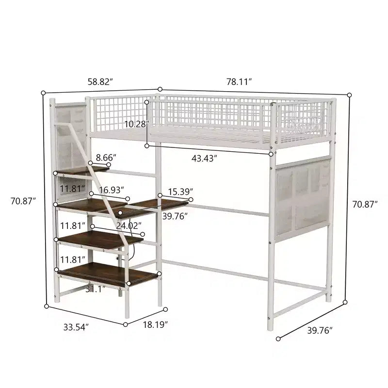 Metal Loft Bed with Desk, Built-in Charging Station and LED Lighting