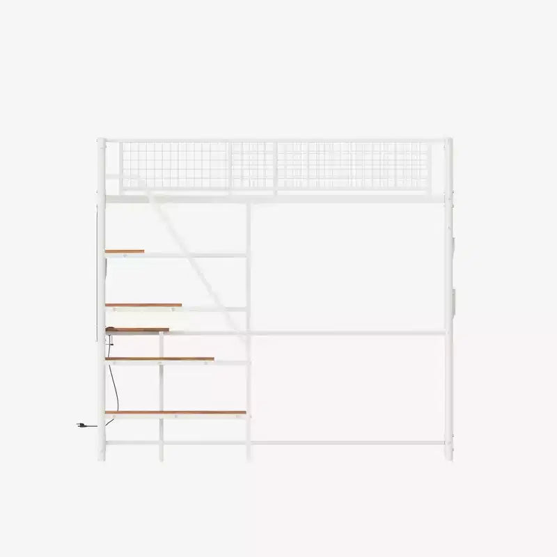 Metal Loft Bed with Desk, Built-in Charging Station and LED Lighting