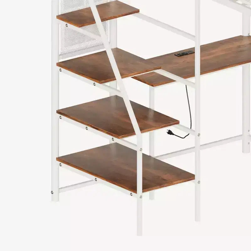 Metal Loft Bed with Desk, Built-in Charging Station and LED Lighting