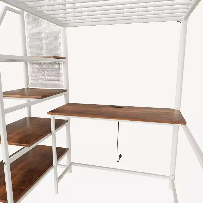 Metal Loft Bed with Desk, Built-in Charging Station and LED Lighting
