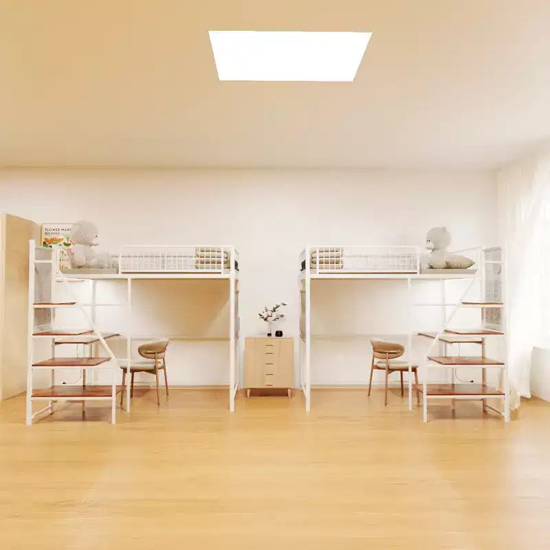 Metal Loft Bed with Desk, Built-in Charging Station and LED Lighting