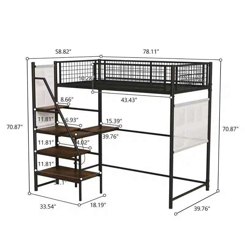 Metal Loft Bed with Desk, Built-in Charging Station and LED Lighting