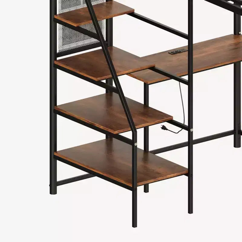 Metal Loft Bed with Desk, Built-in Charging Station and LED Lighting