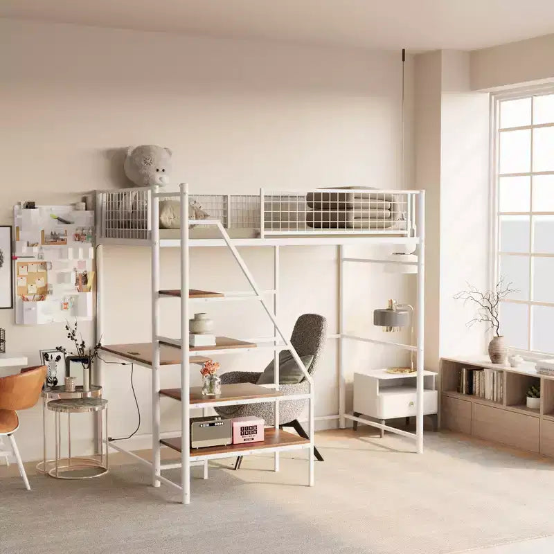 Metal Loft Bed with Desk, Built-in Charging Station and LED Lighting