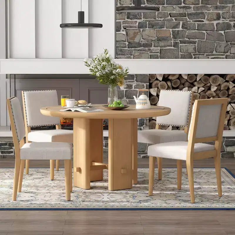5-Piece Dining Table Set with Round Solid Wood Dining Table and Upholstered Chairs