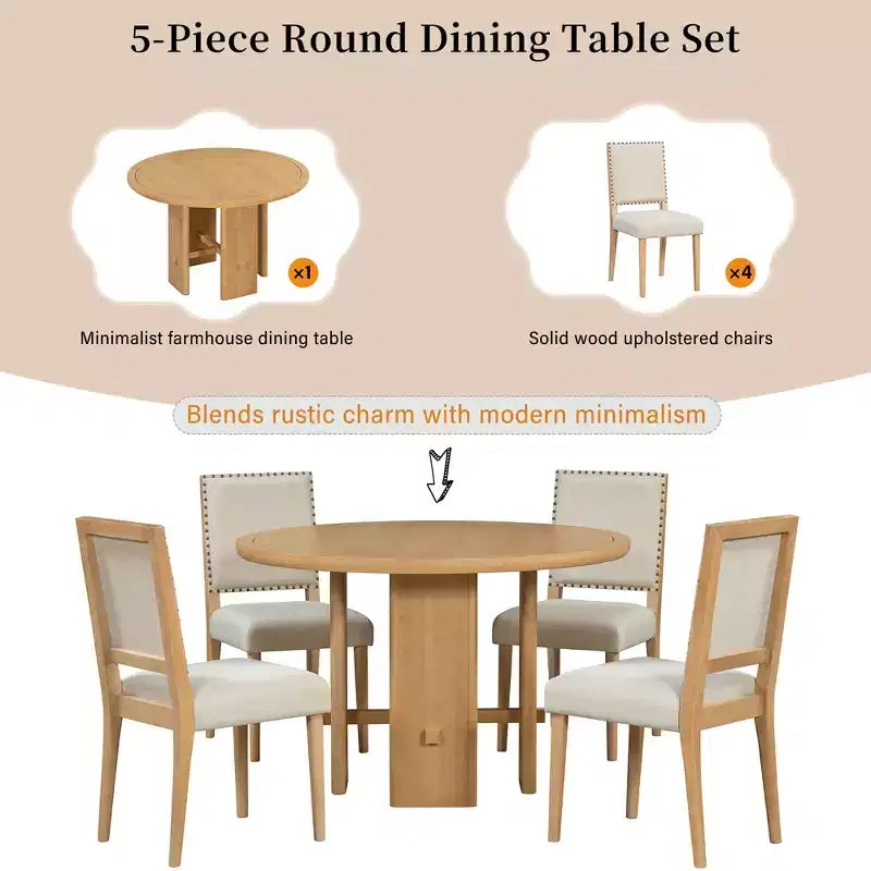 5-Piece Dining Table Set with Round Solid Wood Dining Table and Upholstered Chairs