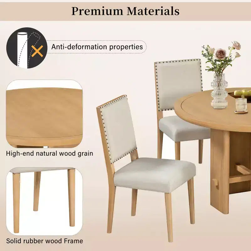 5-Piece Dining Table Set with Round Solid Wood Dining Table and Upholstered Chairs