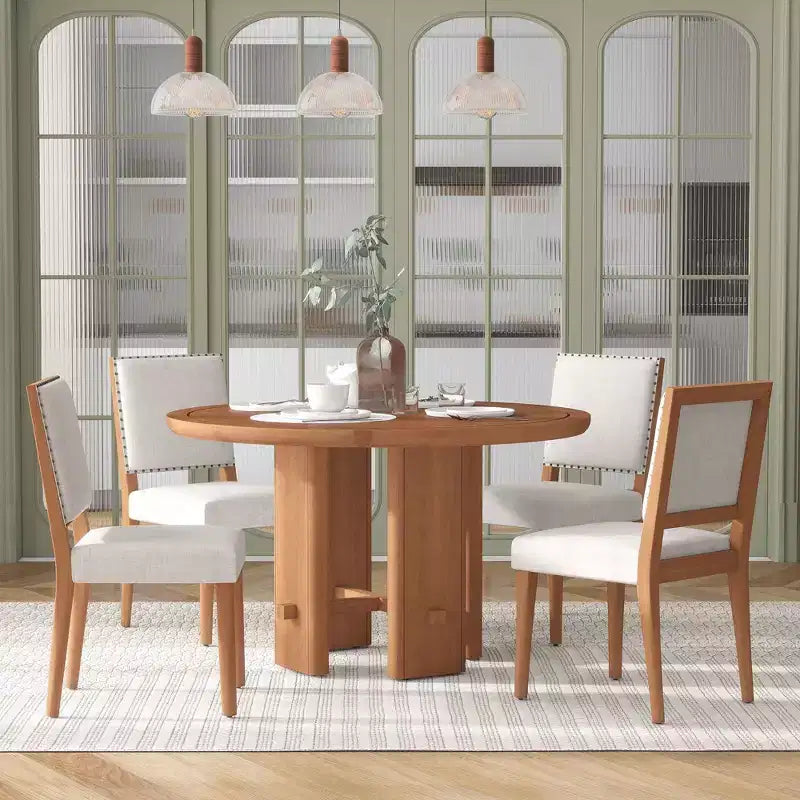 5-Piece Dining Table Set with Round Solid Wood Dining Table and Upholstered Chairs