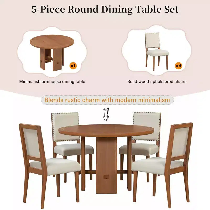 5-Piece Dining Table Set with Round Solid Wood Dining Table and Upholstered Chairs