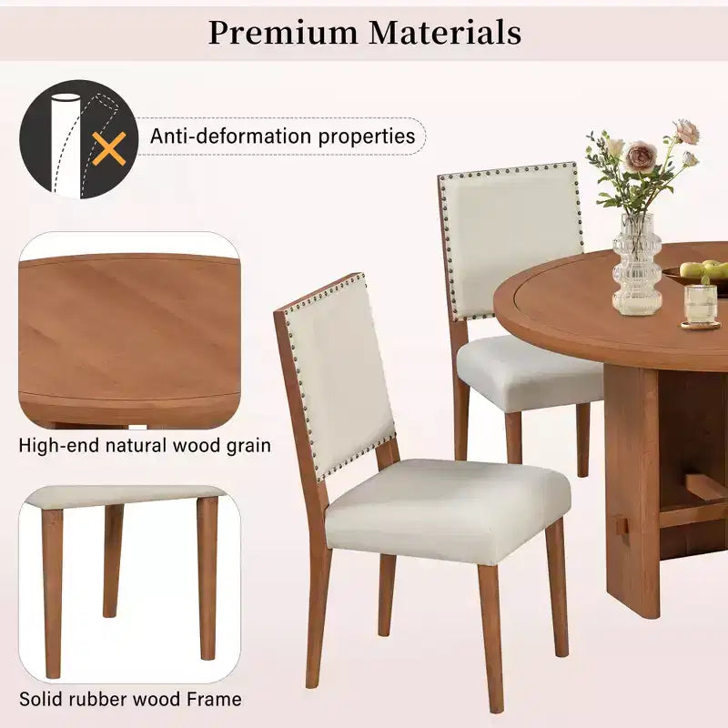 5-Piece Dining Table Set with Round Solid Wood Dining Table and Upholstered Chairs