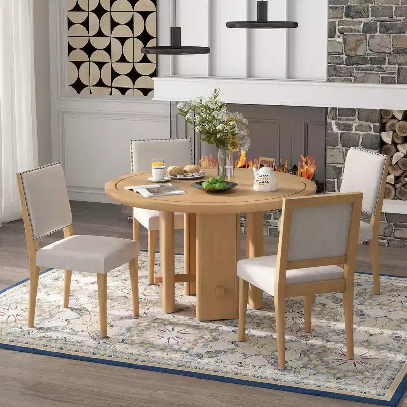 5-Piece Dining Table Set with Round Solid Wood Dining Table and Upholstered Chairs