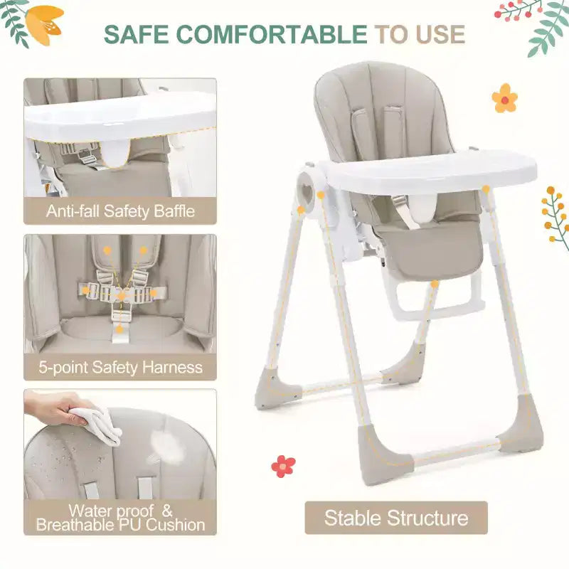 Foldable High Chair for Babies, Adjustable Baby Highchair with 5 Recline Positions, Removable Double Tray,Portable Feeding Chair with 5-Point Harness