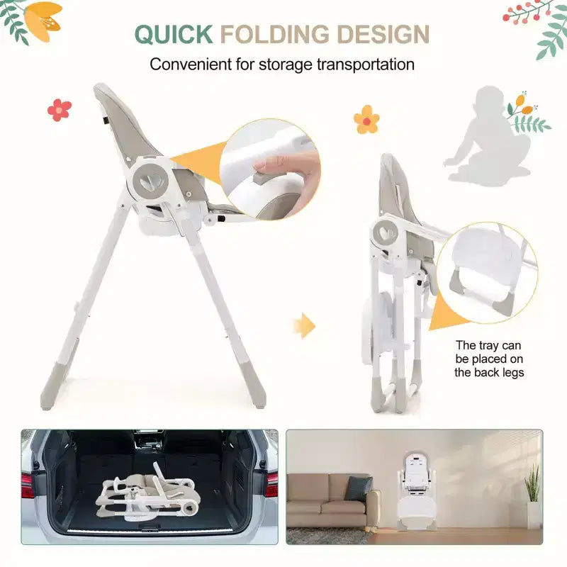 Foldable High Chair for Babies, Adjustable Baby Highchair with 5 Recline Positions, Removable Double Tray,Portable Feeding Chair with 5-Point Harness