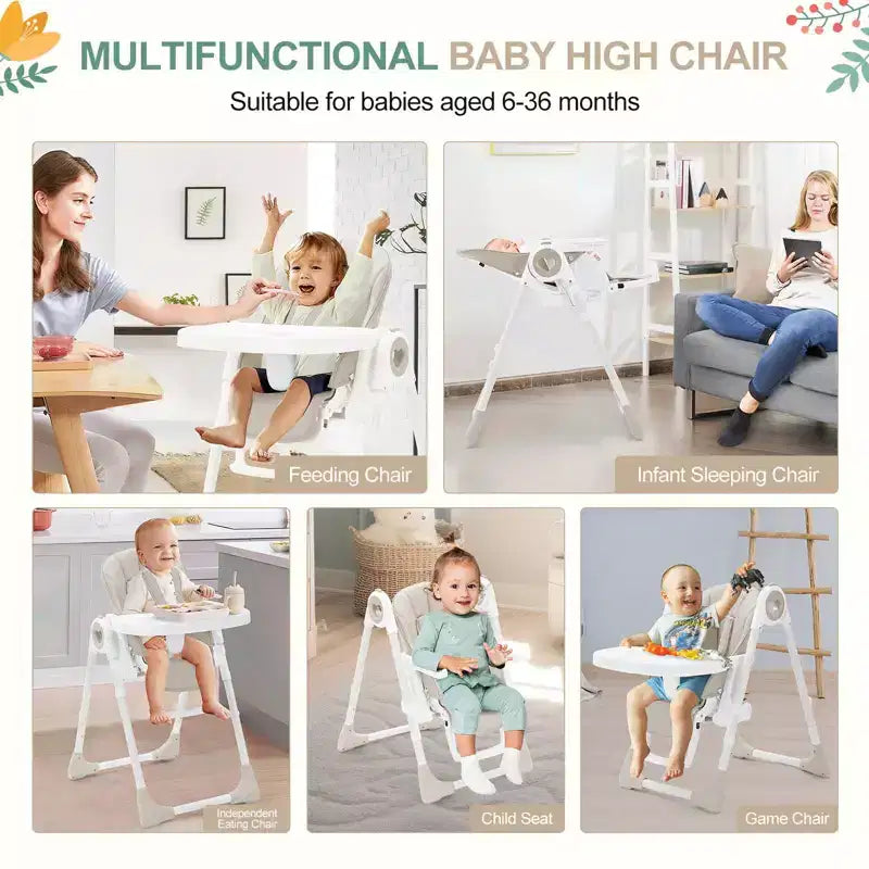 Foldable High Chair for Babies, Adjustable Baby Highchair with 5 Recline Positions, Removable Double Tray,Portable Feeding Chair with 5-Point Harness