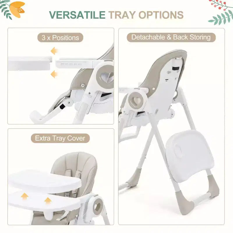 Foldable High Chair for Babies, Adjustable Baby Highchair with 5 Recline Positions, Removable Double Tray,Portable Feeding Chair with 5-Point Harness