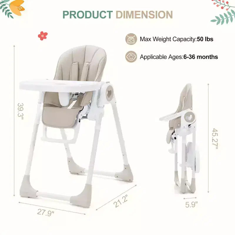 Foldable High Chair for Babies, Adjustable Baby Highchair with 5 Recline Positions, Removable Double Tray,Portable Feeding Chair with 5-Point Harness