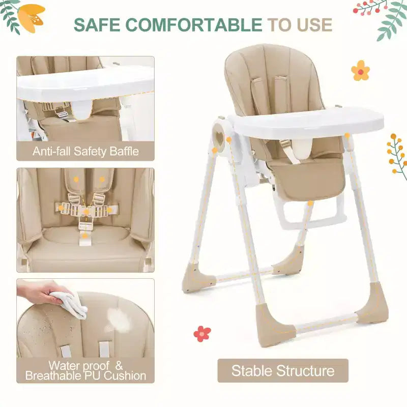 Foldable High Chair for Babies, Adjustable Baby Highchair with 5 Recline Positions, Removable Double Tray,Portable Feeding Chair with 5-Point Harness
