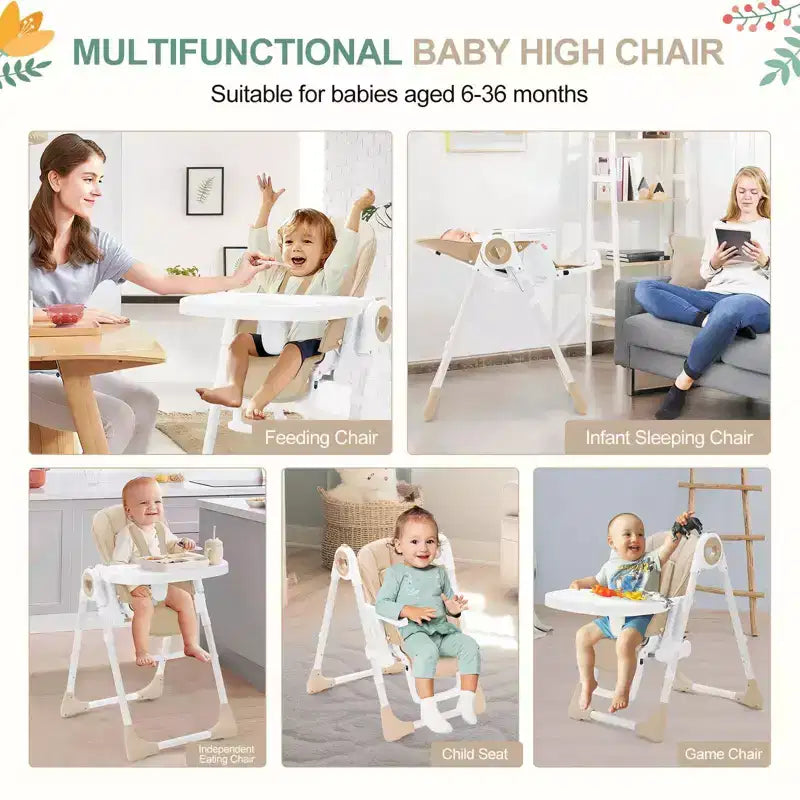 Foldable High Chair for Babies, Adjustable Baby Highchair with 5 Recline Positions, Removable Double Tray,Portable Feeding Chair with 5-Point Harness