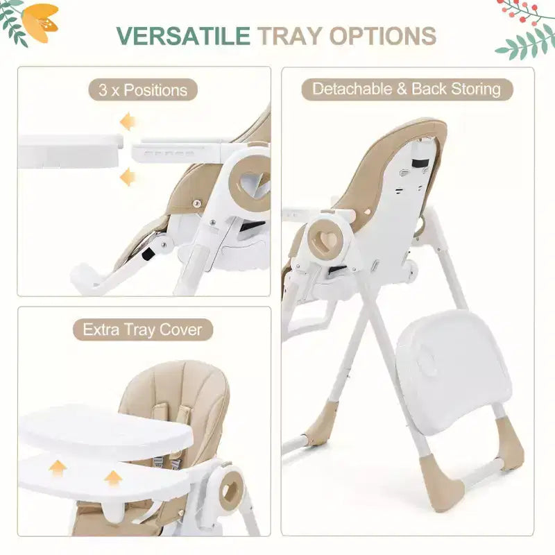Foldable High Chair for Babies, Adjustable Baby Highchair with 5 Recline Positions, Removable Double Tray,Portable Feeding Chair with 5-Point Harness