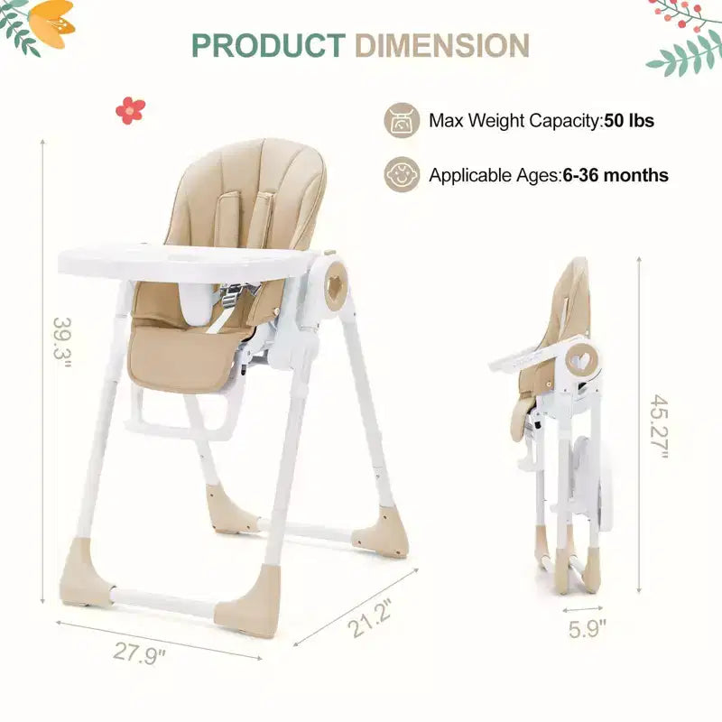 Foldable High Chair for Babies, Adjustable Baby Highchair with 5 Recline Positions, Removable Double Tray,Portable Feeding Chair with 5-Point Harness