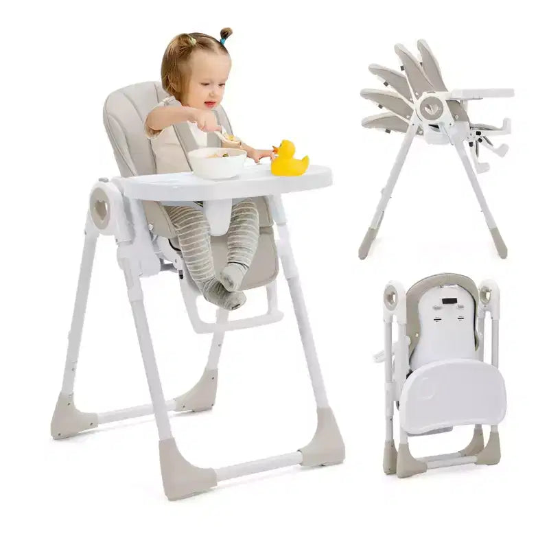 Foldable High Chair for Babies, Adjustable Baby Highchair with 5 Recline Positions, Removable Double Tray,Portable Feeding Chair with 5-Point Harness