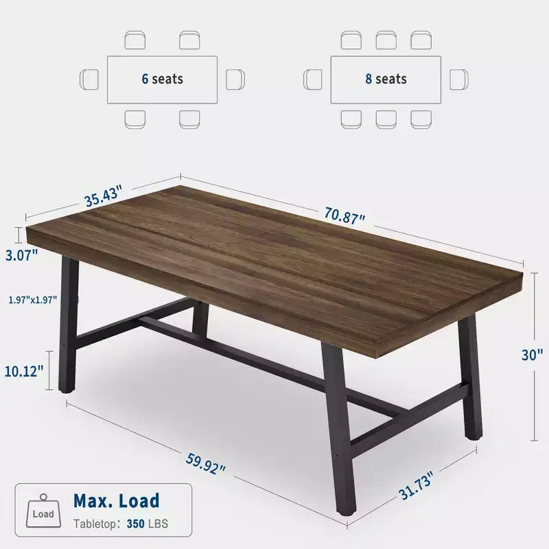 Industrial Dining Table for 6-8 People, 70.87 Long Wooden Kitchen Table with Sturdy Metal Frame & Rustic Brown Finish (Brown, 70.87 Long)
