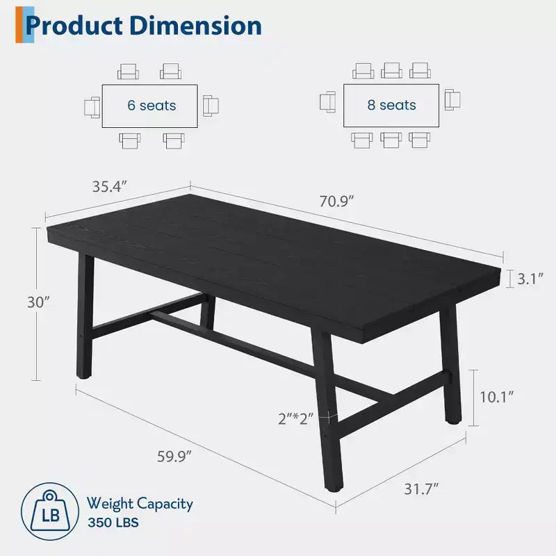 Industrial Dining Table for 6-8 People, 70.87 Long Wooden Kitchen Table with Sturdy Metal Frame & Rustic Brown Finish (Brown, 70.87 Long)