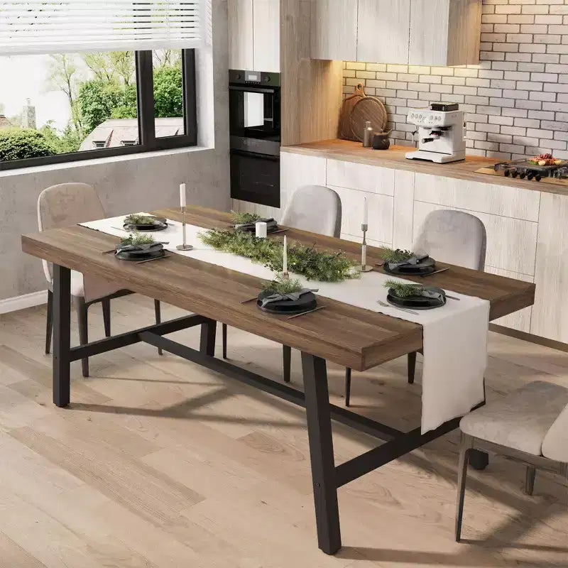 Industrial Dining Table for 6-8 People, 70.87 Long Wooden Kitchen Table with Sturdy Metal Frame & Rustic Brown Finish (Brown, 70.87 Long)