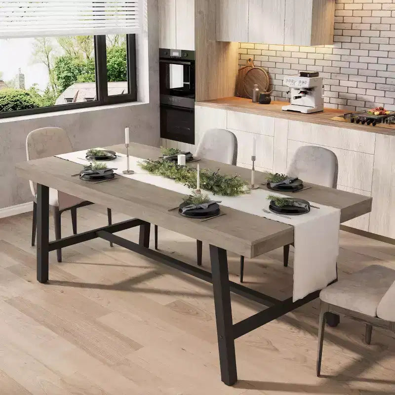Industrial Dining Table for 6-8 People, 70.87 Long Wooden Kitchen Table with Sturdy Metal Frame & Rustic Brown Finish (Brown, 70.87 Long)