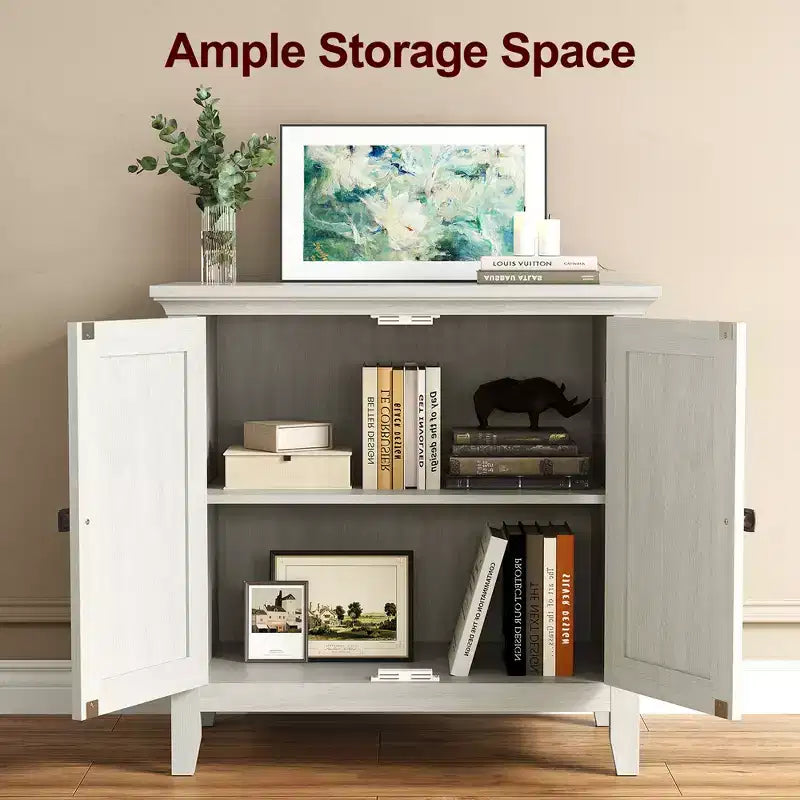 2-Door Bohemian Buffet Cabinet with Adjustable Shelves, Wood Credenza, Grayish-White Console Table