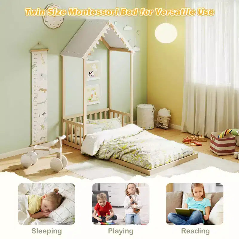 Twin Size House Bed Montessori Floor Bed with House-Shape Roof and Semi-Fence, Natural/White/Gray
